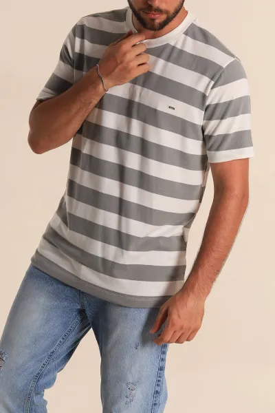 Gri Beyaz Çizgili Relaxed Fit Erkek Triko Tişört 279243