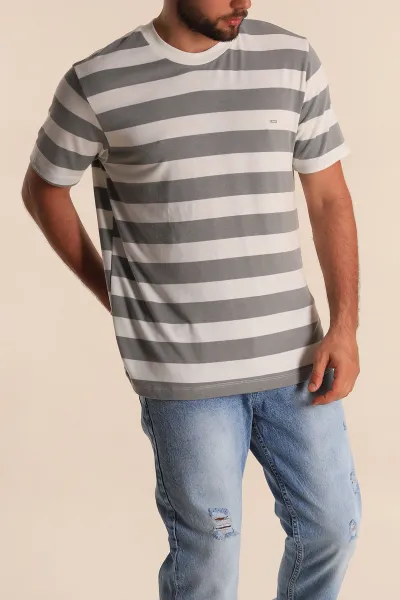 Gri Beyaz Çizgili Relaxed Fit Erkek Triko Tişört 279243