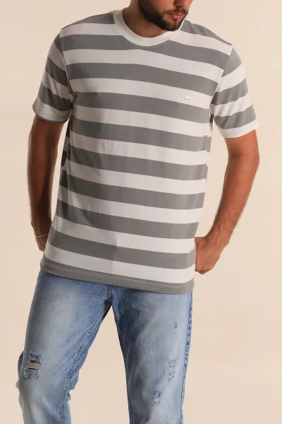 Gri Beyaz Çizgili Relaxed Fit Erkek Triko Tişört 279243