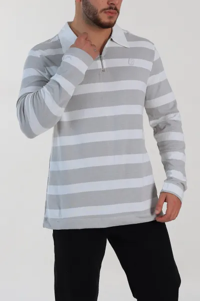Gri Beyaz Çizgili Relaxed Fit Polo Yaka Erkek İnce Sweatshirt 309099