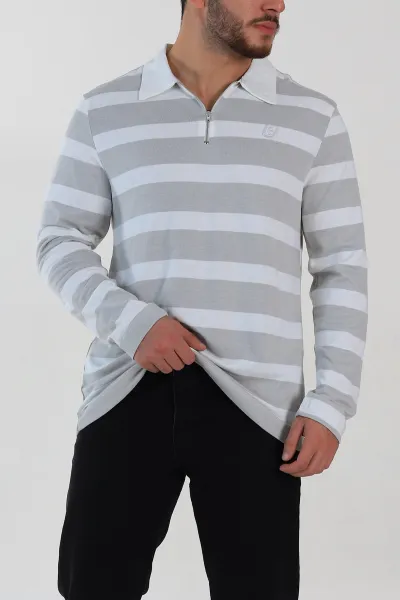 Gri Beyaz Çizgili Relaxed Fit Polo Yaka Erkek İnce Sweatshirt 309099