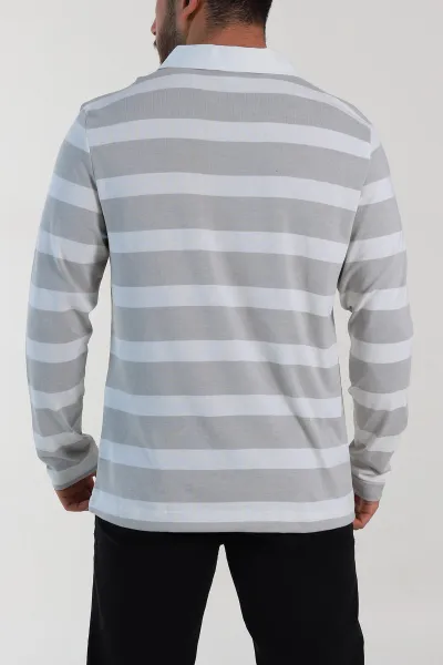 Gri Beyaz Çizgili Relaxed Fit Polo Yaka Erkek İnce Sweatshirt 309099