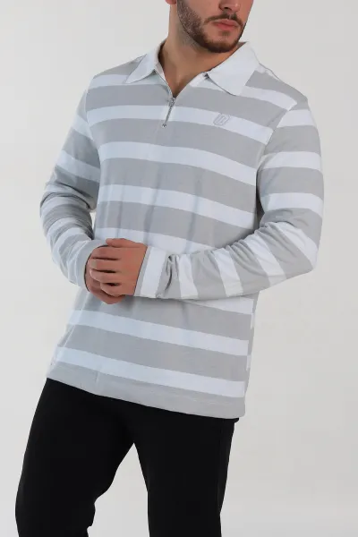 Gri Beyaz Çizgili Relaxed Fit Polo Yaka Erkek İnce Sweatshirt 309099