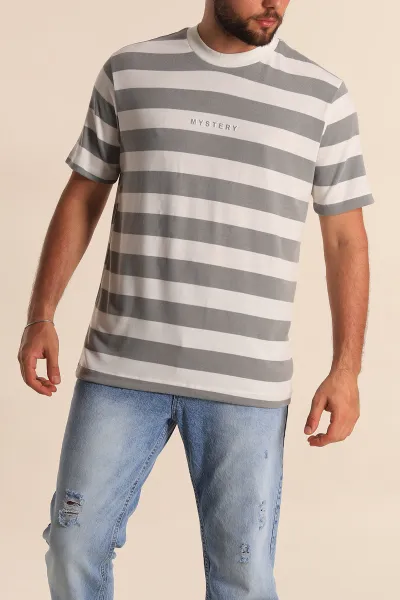 Gri Beyaz Çizgili Relaxed Fit Yazı Detay Erkek Triko Tişört 279248