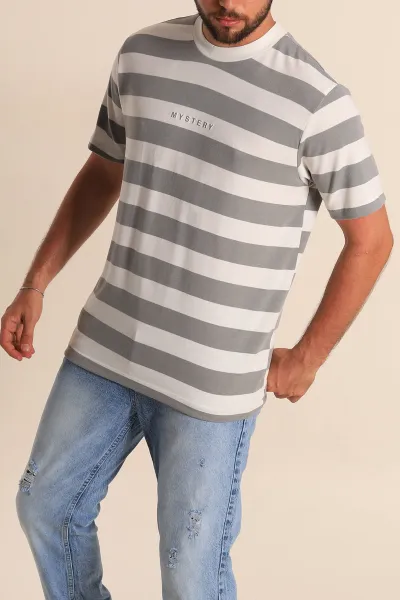 Gri Beyaz Çizgili Relaxed Fit Yazı Detay Erkek Triko Tişört 279248
