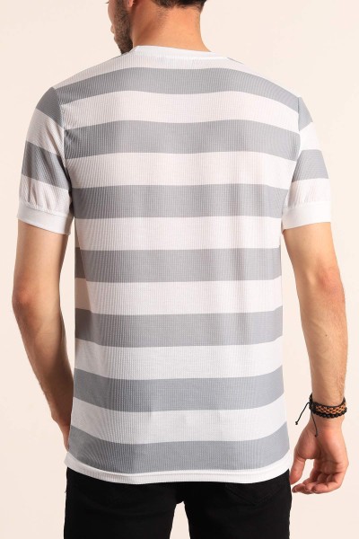 Gri Beyaz Çizgili Slim Fit Dokulu Erkek Tişört 186866