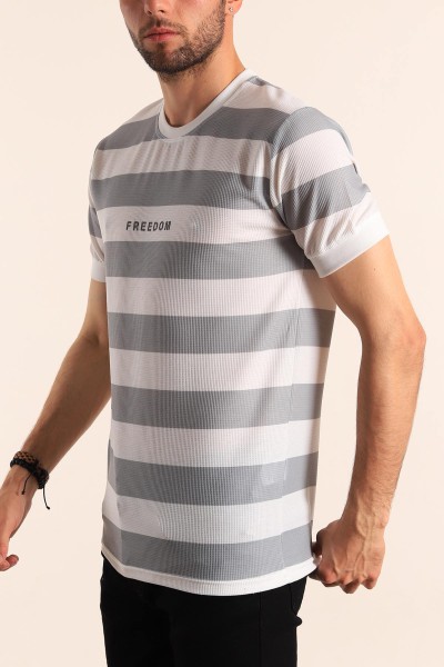 Gri Beyaz Çizgili Slim Fit Dokulu Erkek Tişört 186866