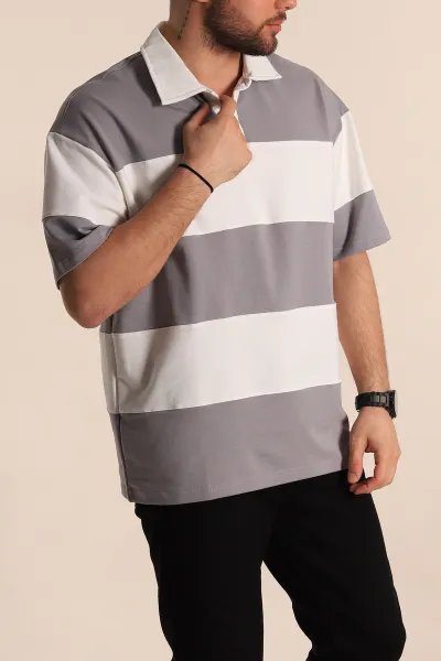 Gri Beyaz Geniş Çizgili Oversize İki İp Polo Yaka Erkek Tişört 268916