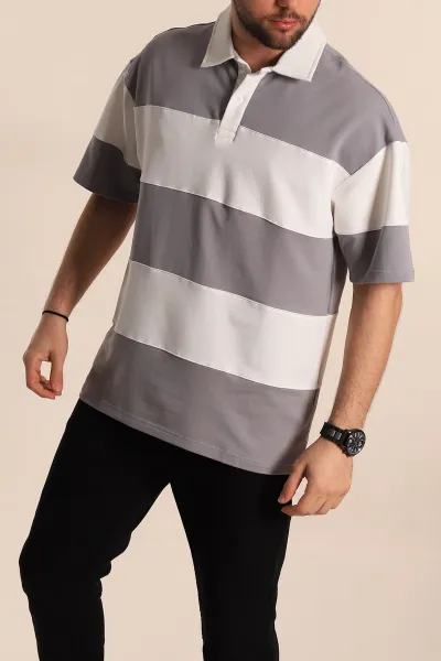 Gri Beyaz Geniş Çizgili Oversize İki İp Polo Yaka Erkek Tişört 268916
