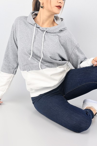 Gri Beyaz Kapüşonlu İçi Şardonlu Sweat 87763
