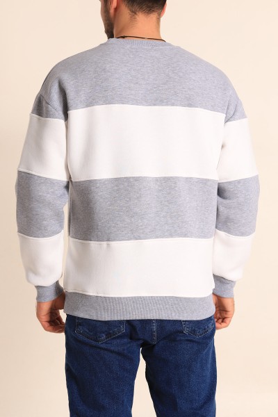 Gri Beyaz Oversize Üç İp Şardonlu Kabartma Yazılı Erkek Sweatshirt 222557