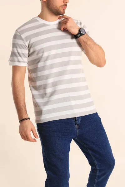 Gri Beyaz Regular Fit Çizgili Yazı Detay Erkek Tişört 252186