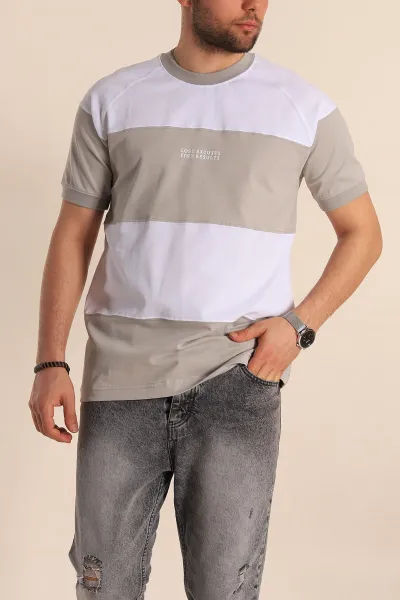 Gri Beyaz Regular Fit Yazı Detay Reglan Kol Erkek Tişört 262735