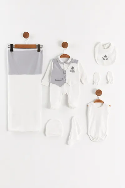 Gri Beyaz(0-3 Ay)Little Prince Nakışlı Tulum, Battaniye ve 7'li Hastane Çıkış Seti 476848
