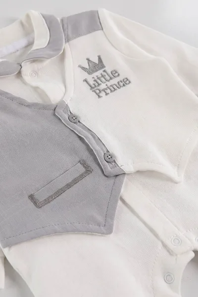 Gri Beyaz(0-3 Ay)Little Prince Nakışlı Tulum, Battaniye ve 7'li Hastane Çıkış Seti 476848