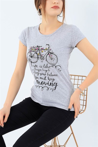 Gri Bisiklet Baskılı Bayan Tişört 27546B