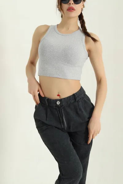 Gri Bisiklet Yaka Crop Atlet 336803