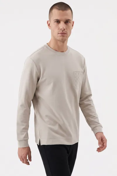 Gri Bisiklet Yaka Kabartma Detaylı Erkek Sweatshirt 482803