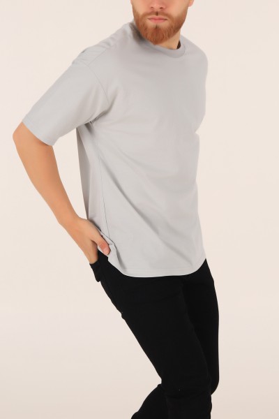 Gri Bisiklet Yaka Oversize Erkek Tişört 169585