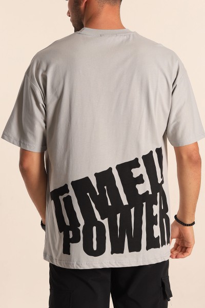 Gri Bisiklet Yaka Sırt Baskılı Oversize Erkek Tişört 194152