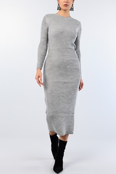 Gri Bisiklet Yaka Triko Elbise 76077