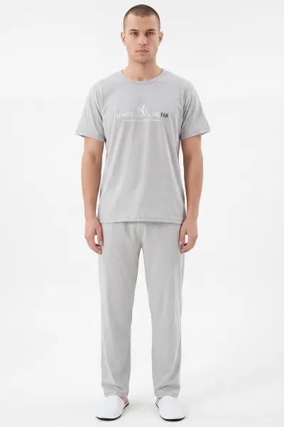 Gri Bisiklet Yaka Yazı Detaylı Erkek Kısa Kollu Pijama Takımı 459144