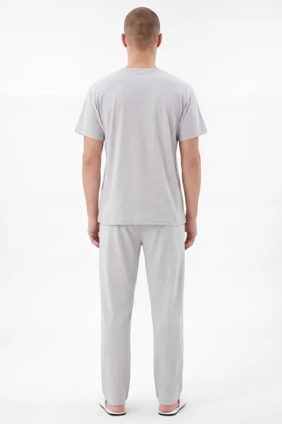 Gri Bisiklet Yaka Yazı Detaylı Erkek Kısa Kollu Pijama Takımı 459144