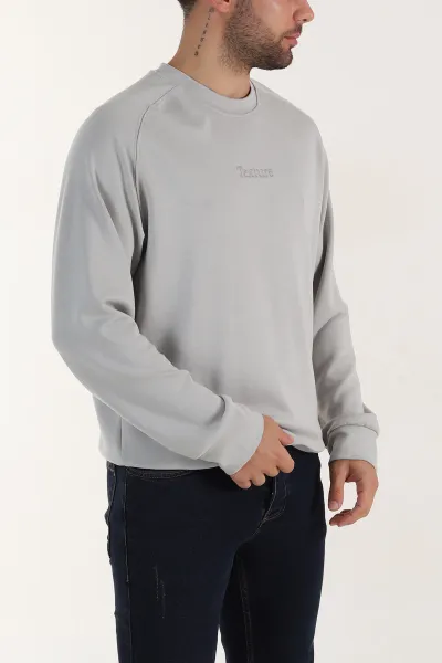 Gri Bisiklet Yaka Yazı Detaylı Erkek Sweatshirt 396244