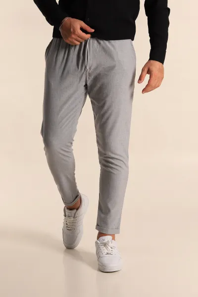 Gri Boyfriend Belden Bağlamalı Duble Paça Erkek Kumaş Pantolon 280077