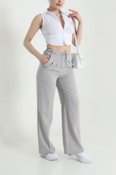 Gri Çift Pileli Beli Lastikli Kadın Pantolon 449005