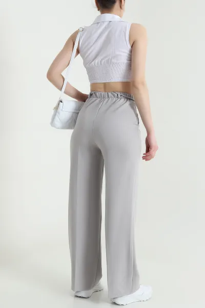 Gri Çift Pileli Beli Lastikli Kadın Pantolon 449005