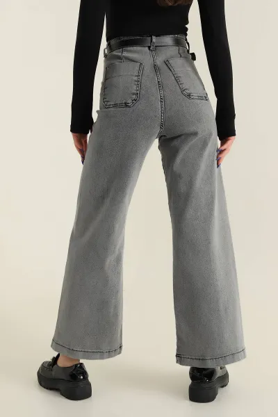 Gri Çimalı Likralı Kemerli Kot Pantolon 425948