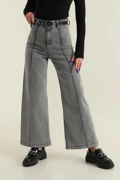 Gri Çimalı Likralı Kemerli Kot Pantolon 425948