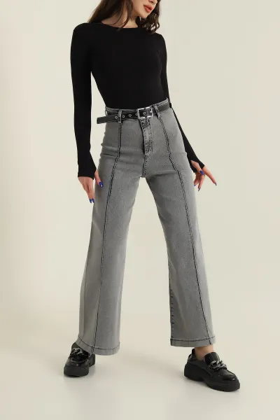 Gri Çimalı Likralı Kemerli Kot Pantolon 425948
