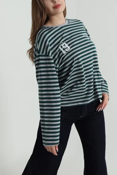 Gri Çizgili Likralı Kadın Sweat 488437