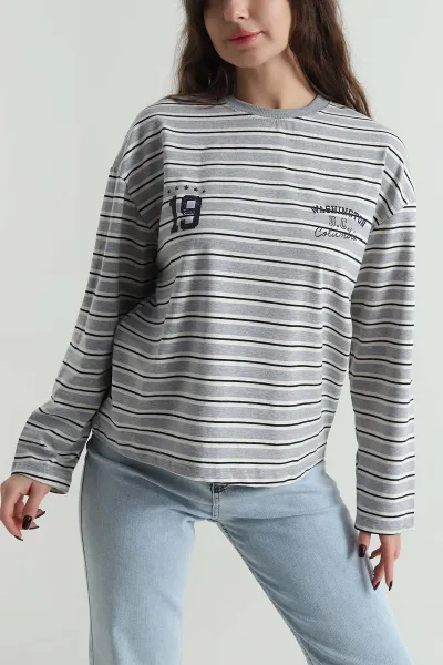 Gri Çizgili Likralı Kadın Sweat 498432