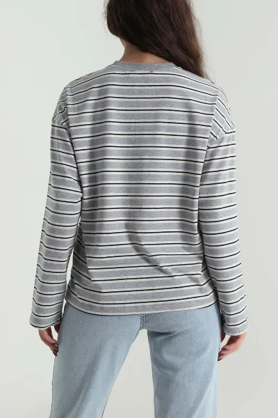 Gri Çizgili Likralı Kadın Sweat 498432