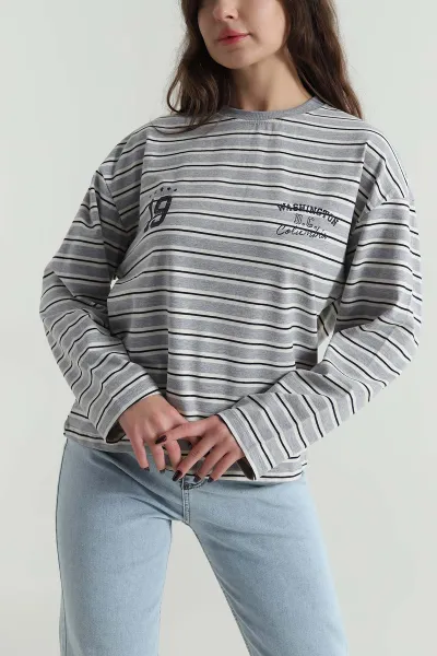 Gri Çizgili Likralı Kadın Sweat 498432