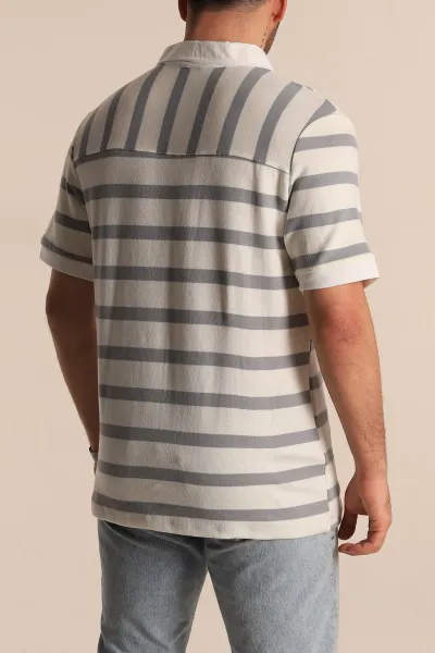 Gri Çizgili Oversize Polo Yaka Erkek Tişört 272825