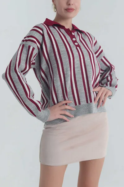 Gri Çizgili Polo Yaka Triko Kadın Kazak 401539