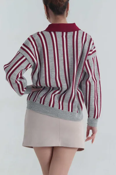 Gri Çizgili Polo Yaka Triko Kadın Kazak 401539