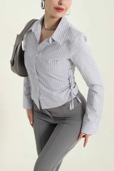 Gri Çizgili Poplin Kadın Gömlek 434272