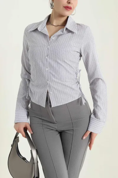 Gri Çizgili Poplin Kadın Gömlek 434272