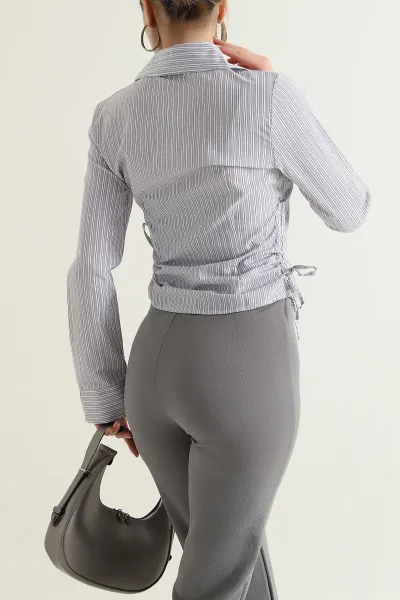 Gri Çizgili Poplin Kadın Gömlek 434272
