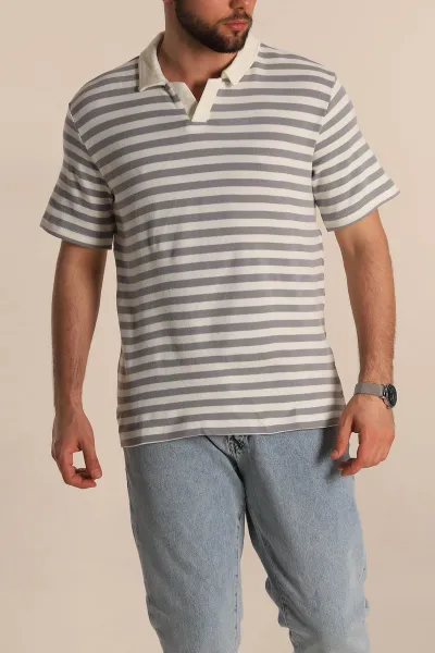 Gri Çizgili Relaxed Fit Polo Yaka Erkek Triko Tişört 276752