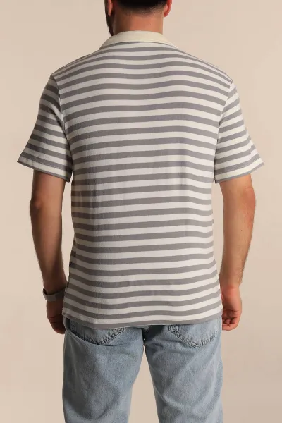 Gri Çizgili Relaxed Fit Polo Yaka Erkek Triko Tişört 276752