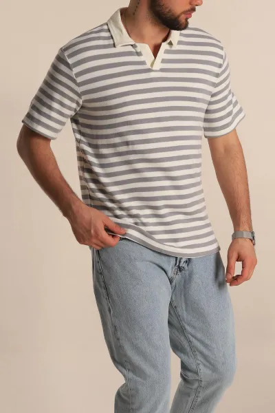 Gri Çizgili Relaxed Fit Polo Yaka Erkek Triko Tişört 276752