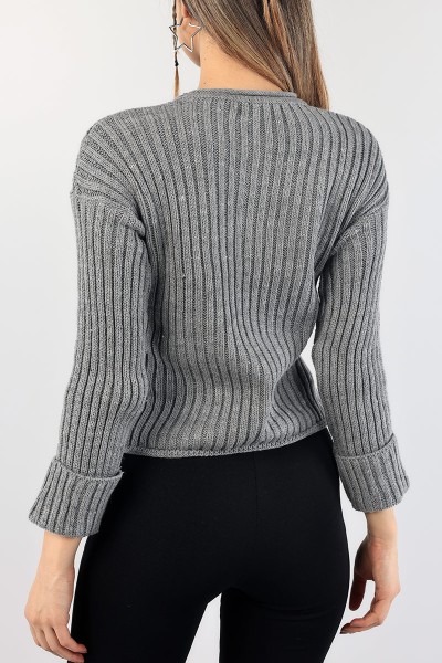 Gri Crop Bayan Triko Kazak 89063