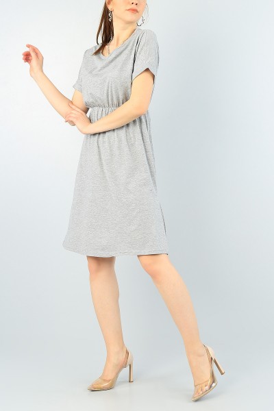 Gri Duble Kol Beli Lastikli Elbise 62173