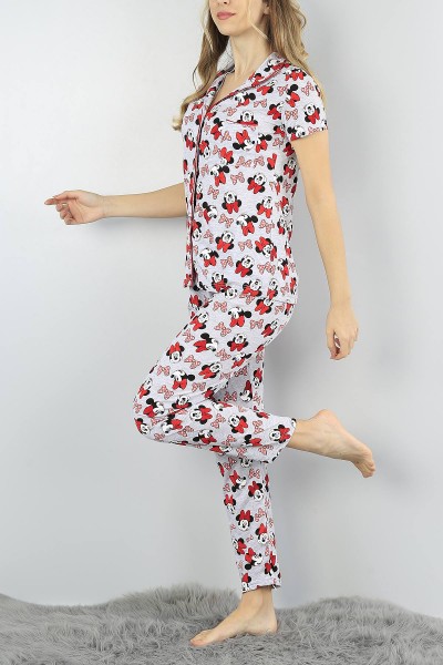 Gri Düğmeli Bayan Baskılı Pijama Takımı 54967